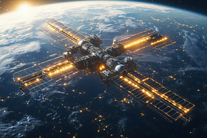 A futuristic space station orbiting Earth, illuminated by sunlight. The station, a Technology Photo by Textures & Backgrounds