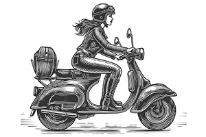 Woman Riding Classic Scooter, a Transportation Illustration by AlexArt
