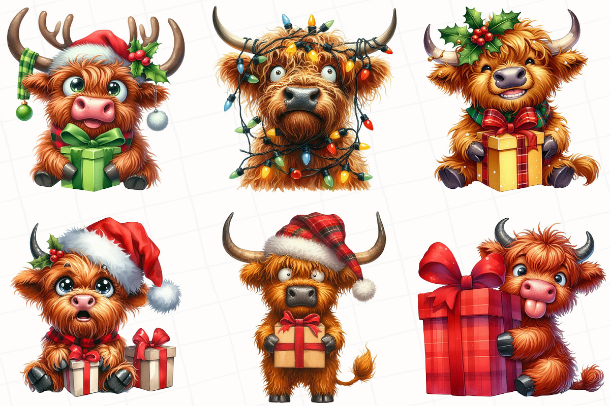 Christmas Highland Cow Clipart, an Illustration by OK Design (Photo 4 of 5)