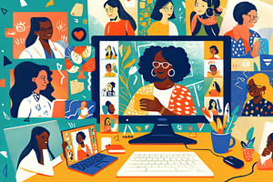 Diverse online meeting with colorful and smiling participants on screen, an Illustration by AS photostudio