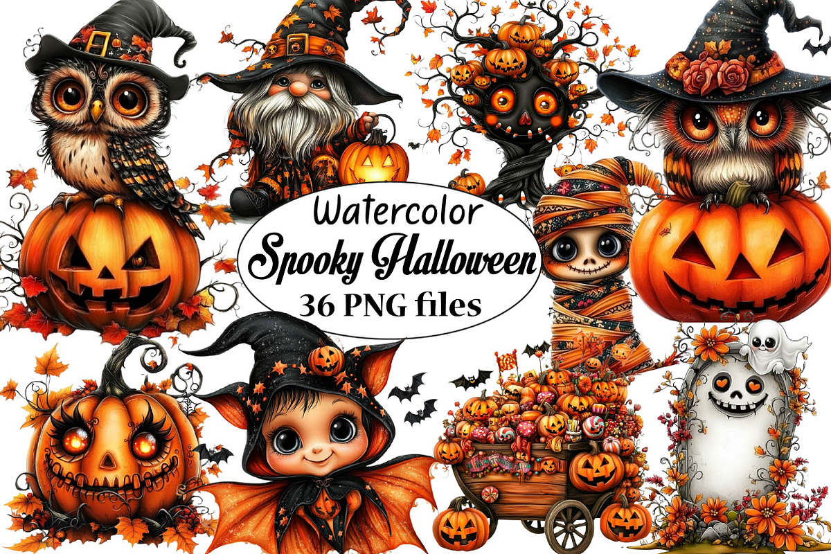 Watercolor Spooky Halloween Clipart, an Animal Illustration by SVGArt (Photo 1 of 3)