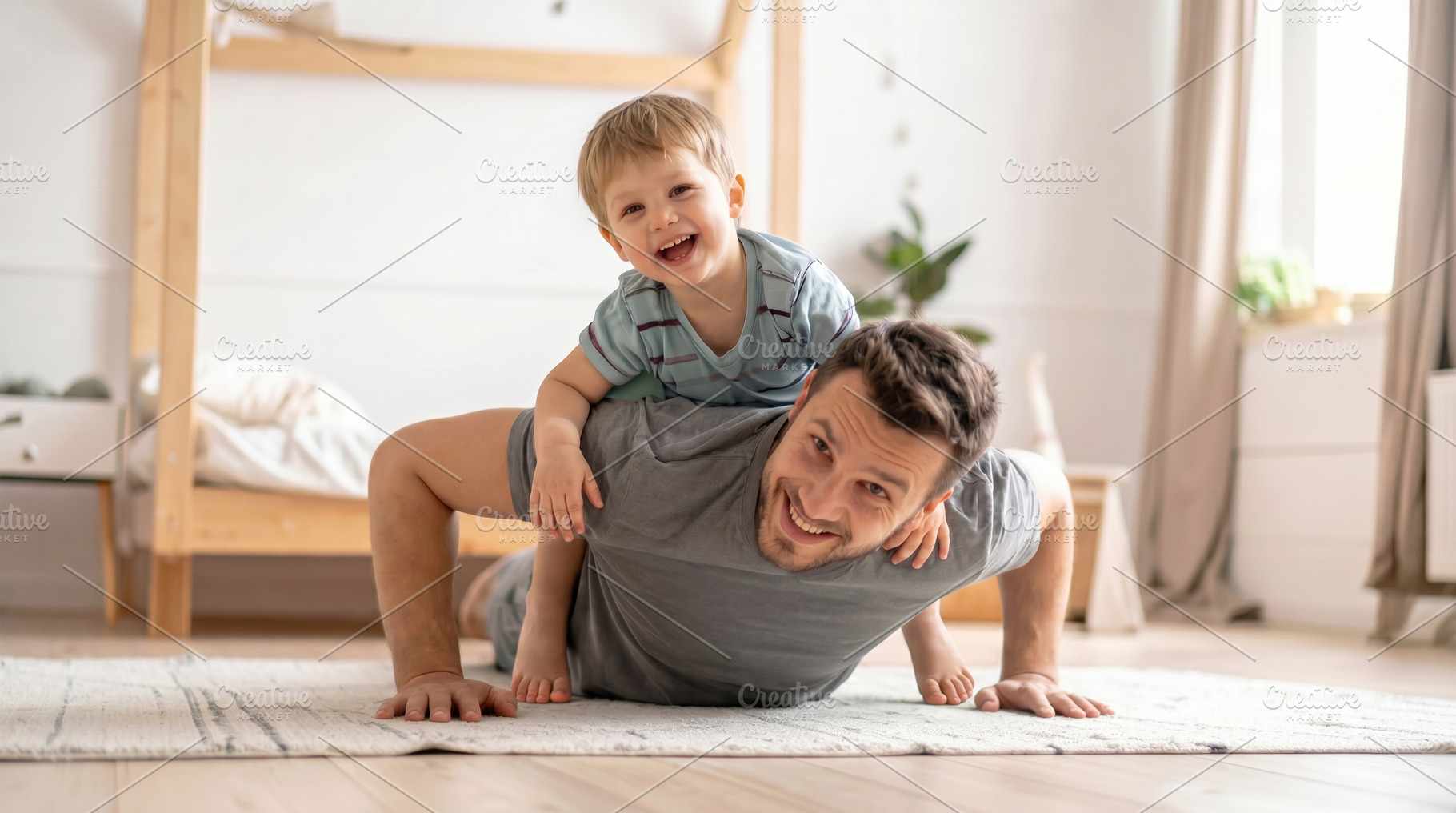 Father Playing Push-Ups with Happy Toddler, a Photo by Davizro's Market