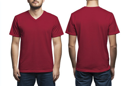 A male model showcases a red v-neck, a Photo by Tanuart