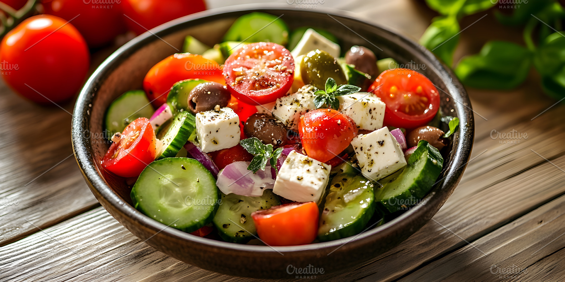 Fresh Greek salad with feta cheese and olives, a Food & Drink Photo by Photostock