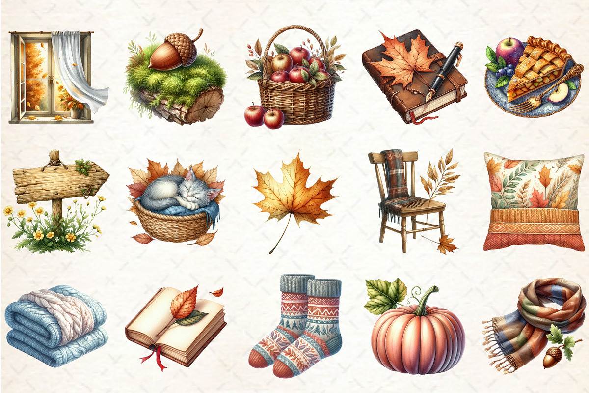 Watercolor Serene Autumn Day Clipart, an Illustration by Rose Art (Photo 2 of 7)