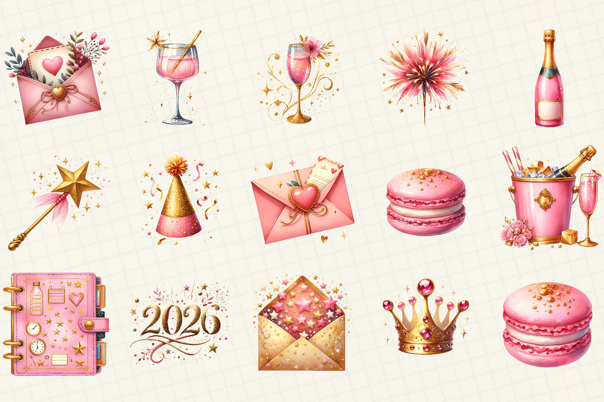 Pink Happy New Year Clipart, an Illustration by DreamCafeArt (Photo 2 of 8)