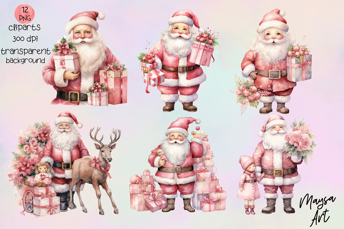 Pink Santa Watercolor Clipart Set, a Seasonal Illustration by Maysa Art (Photo 3 of 6)