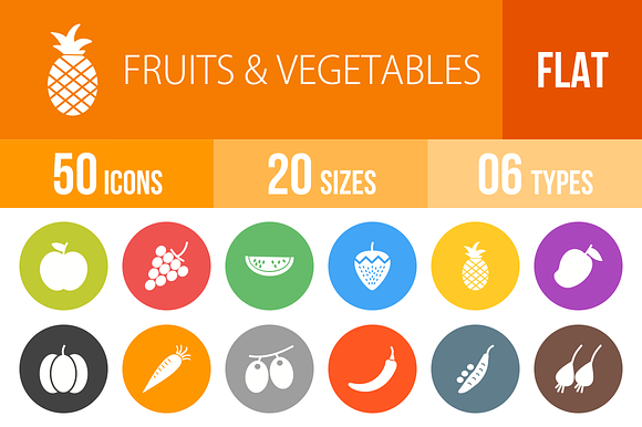 50 Fruitvegetables Flat Round Icons