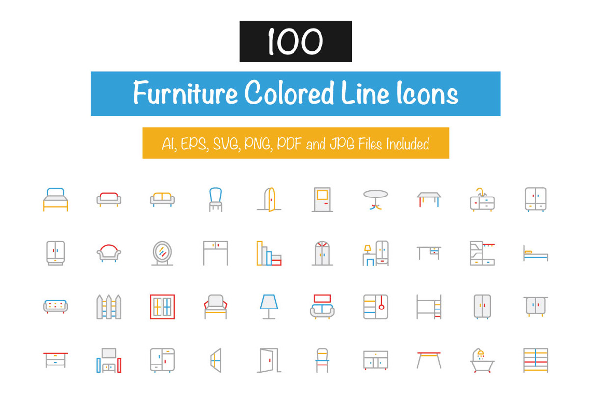 100 Furniture Colored Line Icons