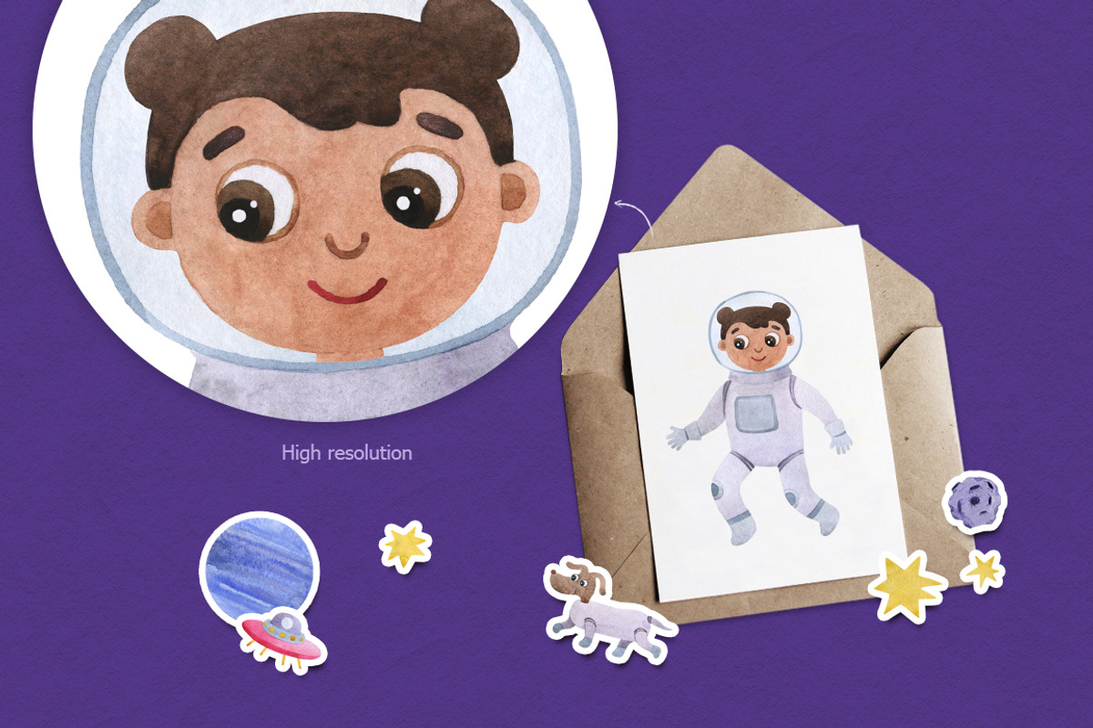 Watercolor space clipart with planet, an Animal Illustration by CreativeByLu (Photo 5 of 11)