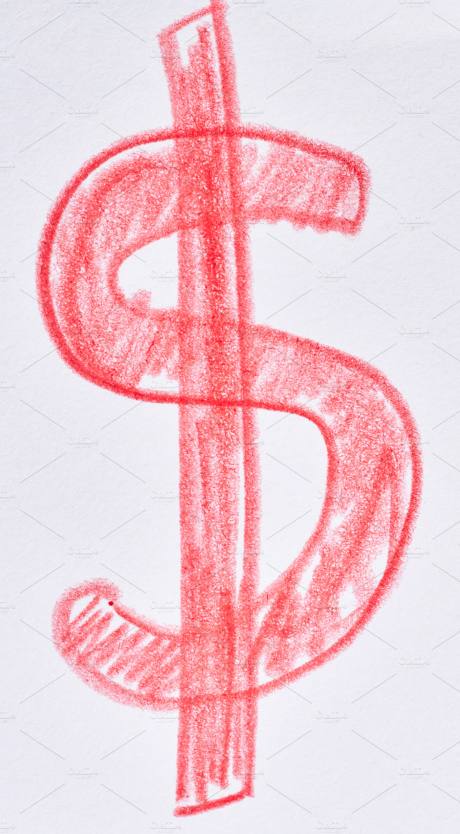 On white paper, a close-up of a dollar sign drawn in red pencil,, an Abstract Photo by ndanko