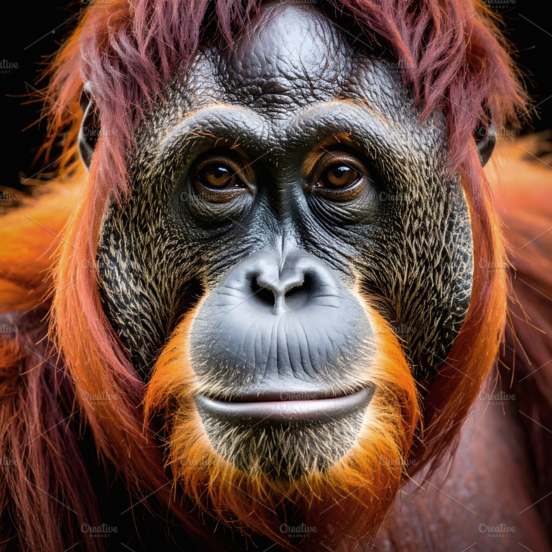 Orangutan with reddish hair and thoughtful expressive brown eyes, an Animal Photo by GoodGoods