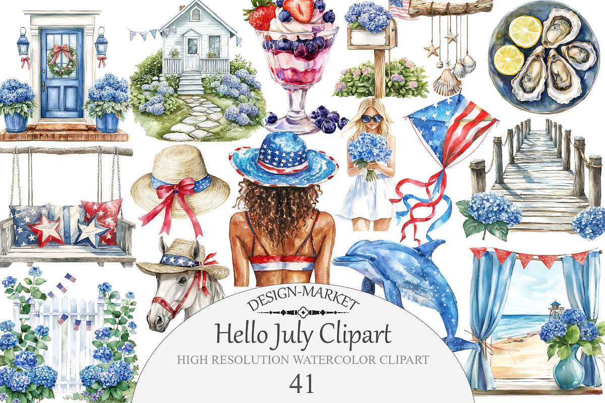 Watercolor Hello July Clipart, an Illustration by Design Market (Photo 1 of 5)