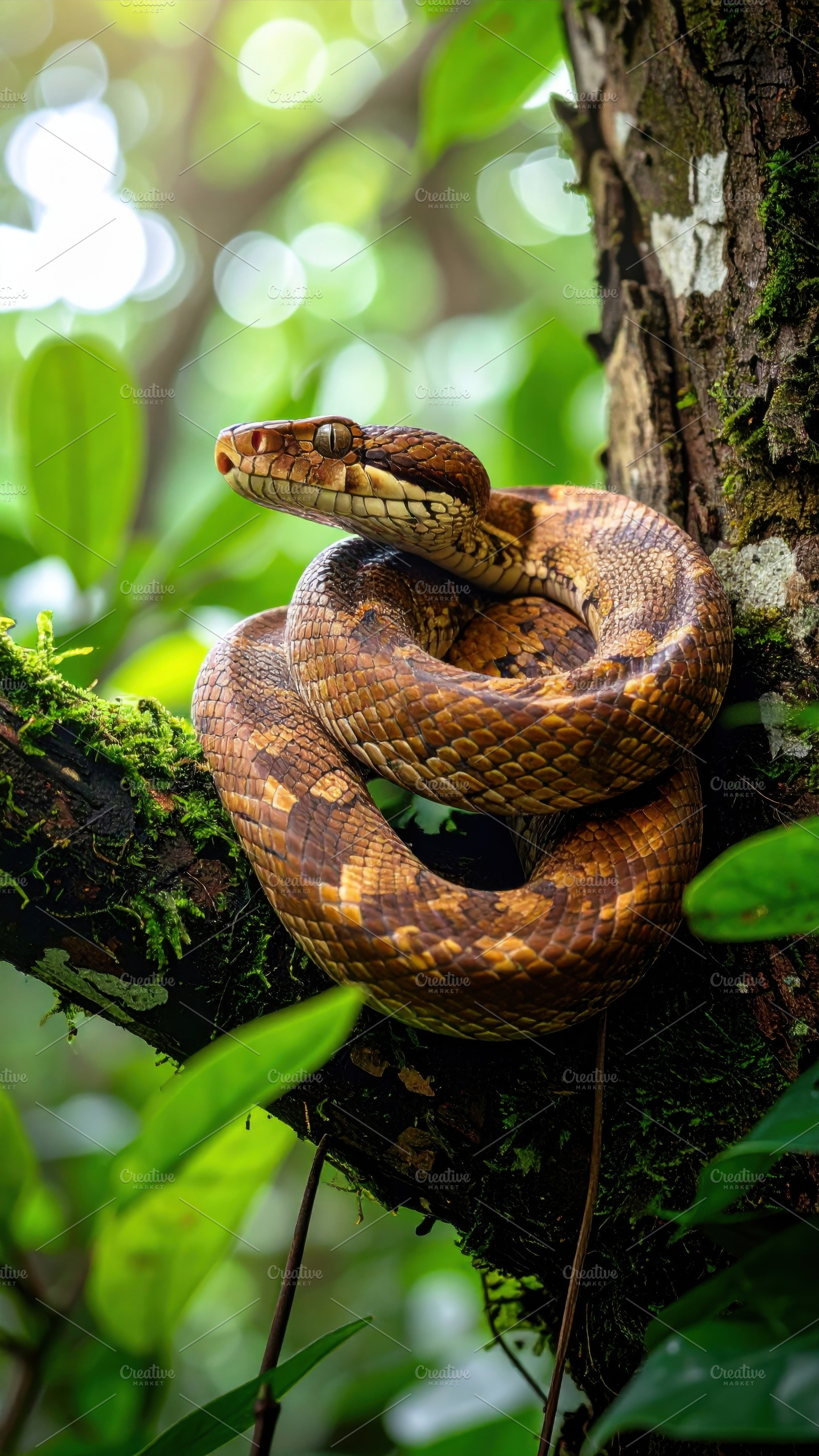 Coiled brown snake on a mossy branch in rainforest, an Animal Photo by Igor Tichonow