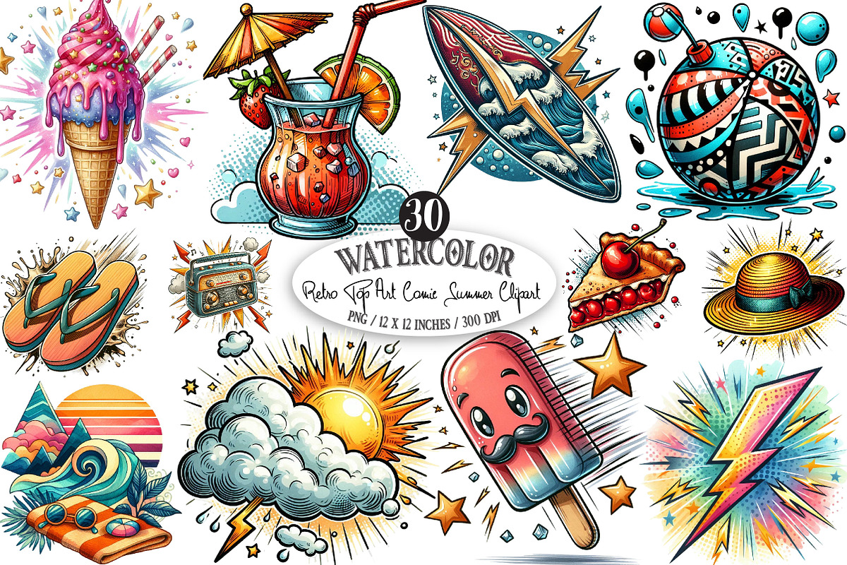 Retro Pop Art Comic Summer Clipart, an Illustration by Designking (Photo 1 of 4)