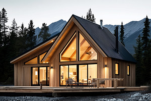 Modern wooden cabin with large glass, an Architecture Photo by MistyDay