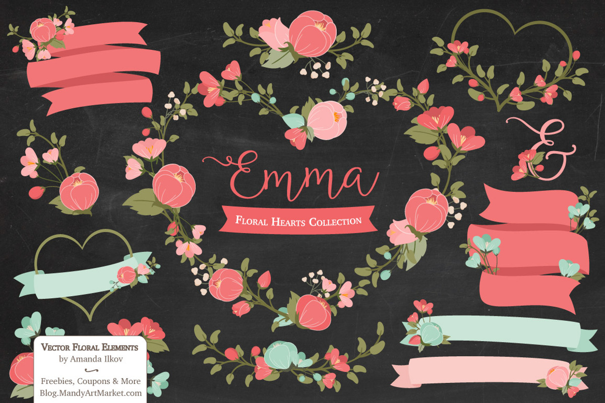 Mint & Coral Floral Heart Vectors, an Illustration by Amanda Ilkov (Photo 2 of 5)