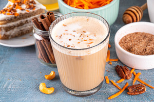 Tasty autumn carrot cake or carrot spice coffee latte, a Food & Drink Photo by Rimma