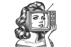 Woman with Television Head vector, a Technology Illustration by AlexArt