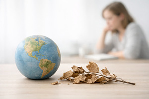 Globe and dried leaves symbolize anx, a Photo by Dvoevnore photos