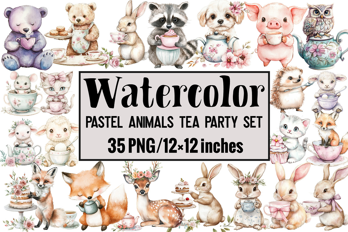 Pastel Animals Tea Party Set, an Illustration by Design Market (Photo 1 of 3)