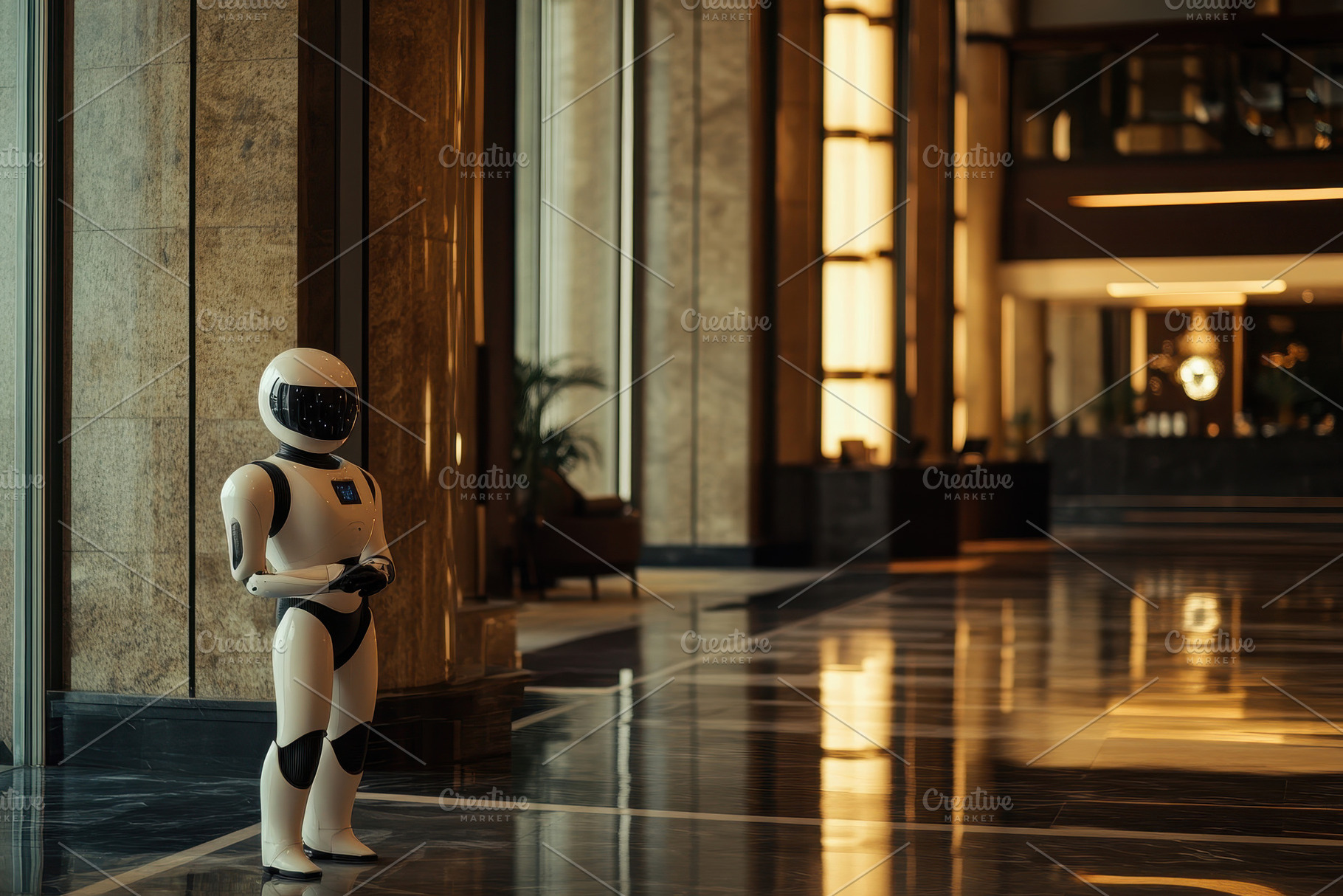 Robot standing in a modern lobby dis, a Photo by Tanuart