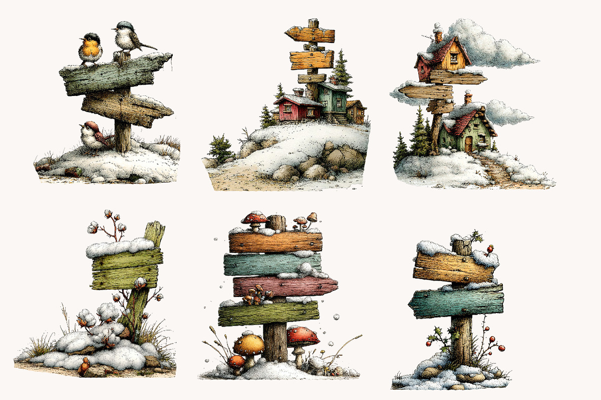 Whimsical Wooden Signpost Clipart, a Seasonal Illustration by Designworld (Photo 7 of 11)