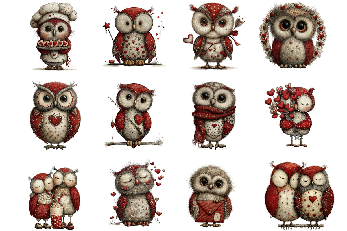 Whimsical Valentines Owls Clipart, an Illustration by Designking (Photo 2 of 5)
