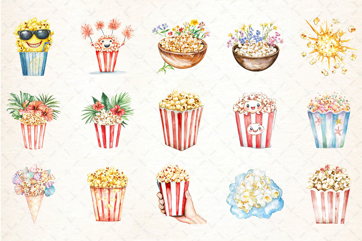 Watercolor Summer Popcorn Clipart, an Illustration by DreamCafeArt (Photo 2 of 5)