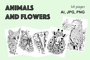 Coloring Page Kids Animals & Flower