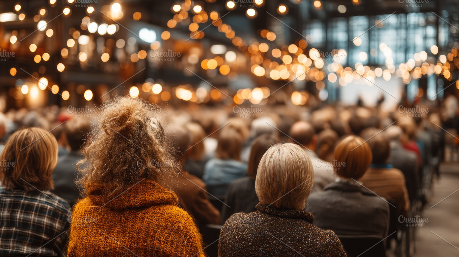 Audience attending a seminar in a lit industrial-style event space, a Person Photo by AS photostudio