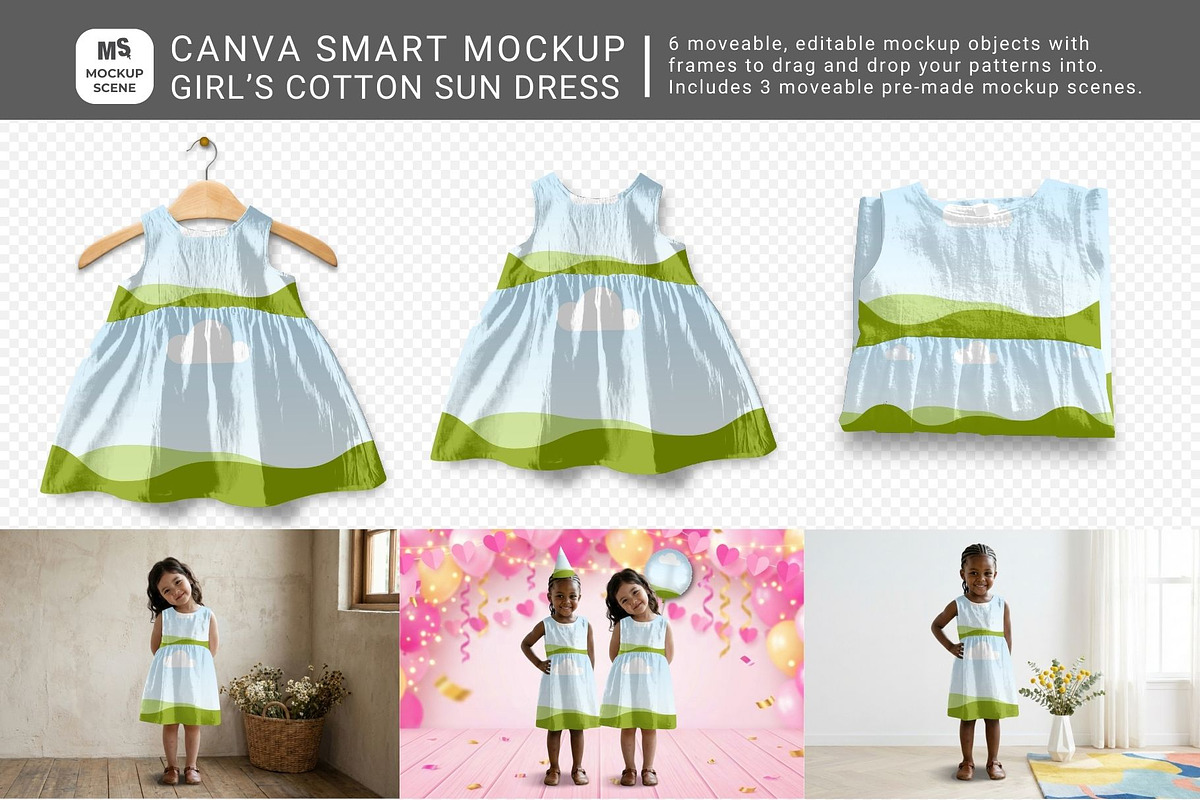 Girls Cotton Sun Dress Canva Mockup, an Apparel Mockup by Mockup Scene (Photo 1 of 15)