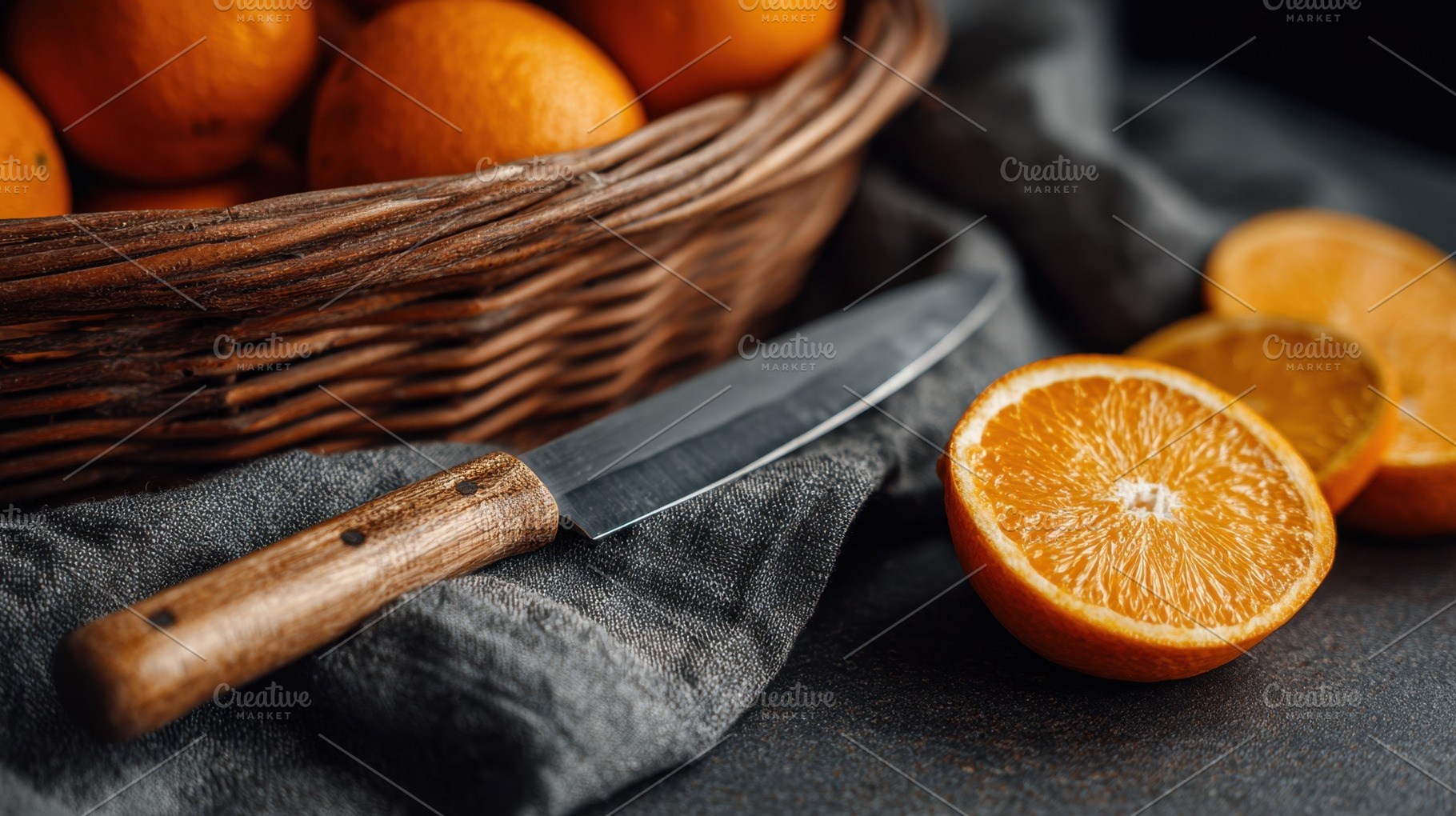 Oranges are on a table near a basket, a Photo by Beautiful things