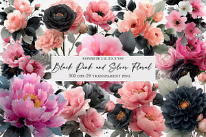 Black Pink and Silver Floral Clipart, an Illustration by Designworld
