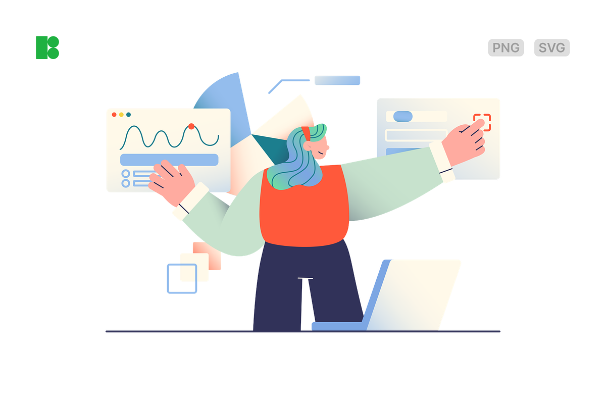 Data analyst looking at charts, a Work Illustration by Icons8
