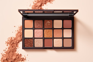 Makeup eyeshadow palette with mirror on beige background. Cosmetic products, a Beauty & Fashion Photo by AlyaAnd
