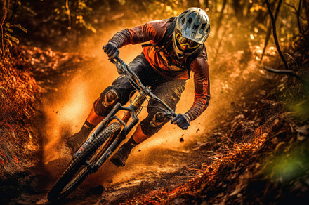 An action shot of a mountain biker speeding downhill on a rugged, a Sports & Recreation Photo by designvectx