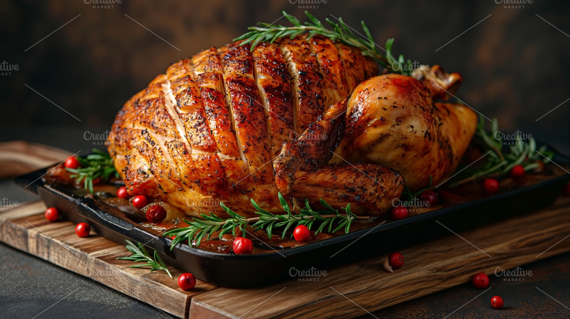 A beautifully roasted chicken, garnished with rosemary and festi, a Food & Drink Photo by ImageMir