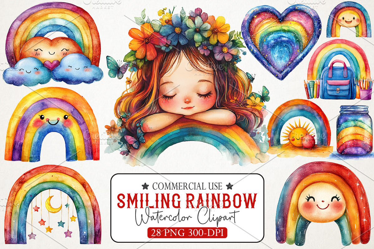 Cute Smiling Rainbow Watercolor Clip, an Illustration by RobertsArt (Photo 1 of 7)
