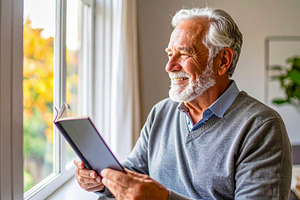 Senior man holding tablet by window with soft light, a Photo by DanFLCreativo