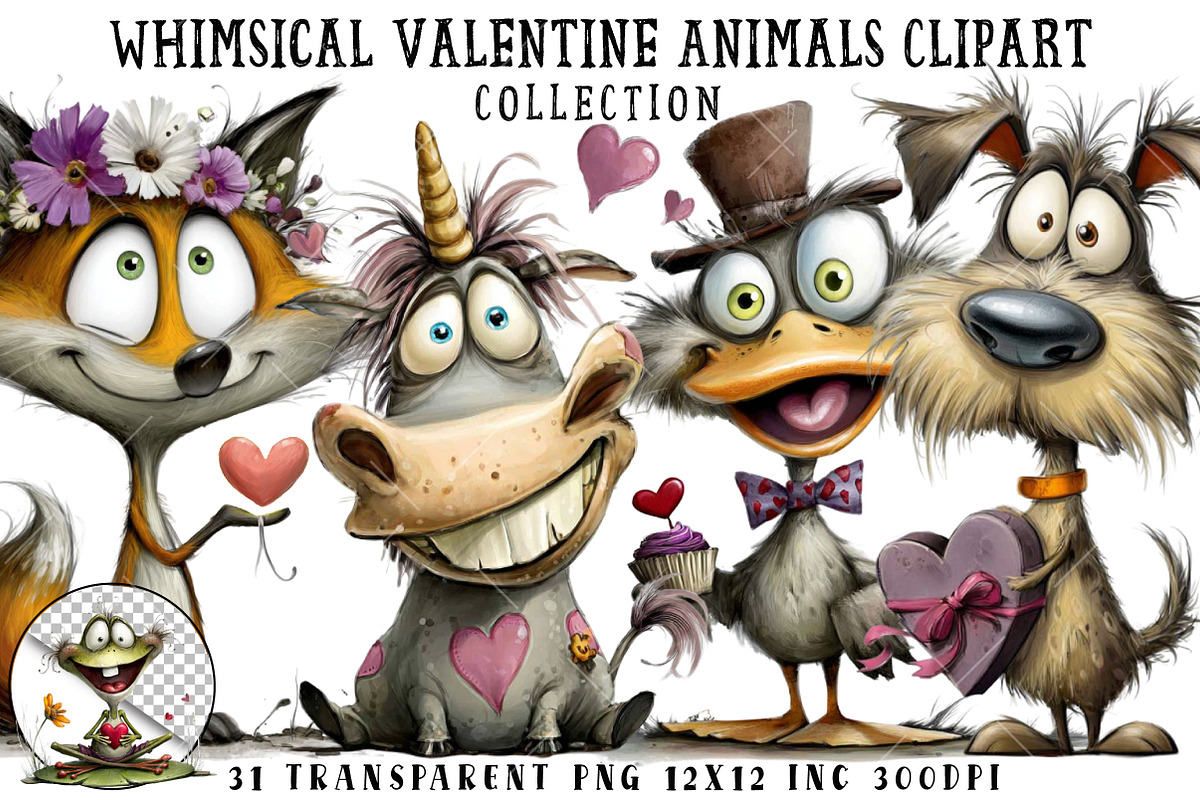 Whimsical Valentine Animals Clipart, an Illustration by OK Design (Photo 1 of 6)