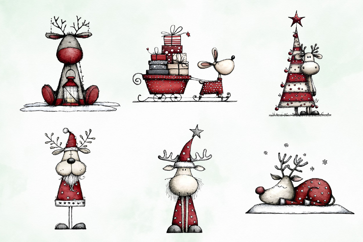 Whimsical Christmas Reindeer Clipart, an Illustration by Creative Art (Photo 9 of 13)