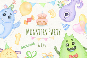 Watercolor Monsters Birthday Clipart