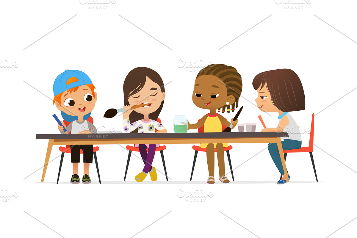 Kids paint with watercolor, an Education Illustration by FoxyImage