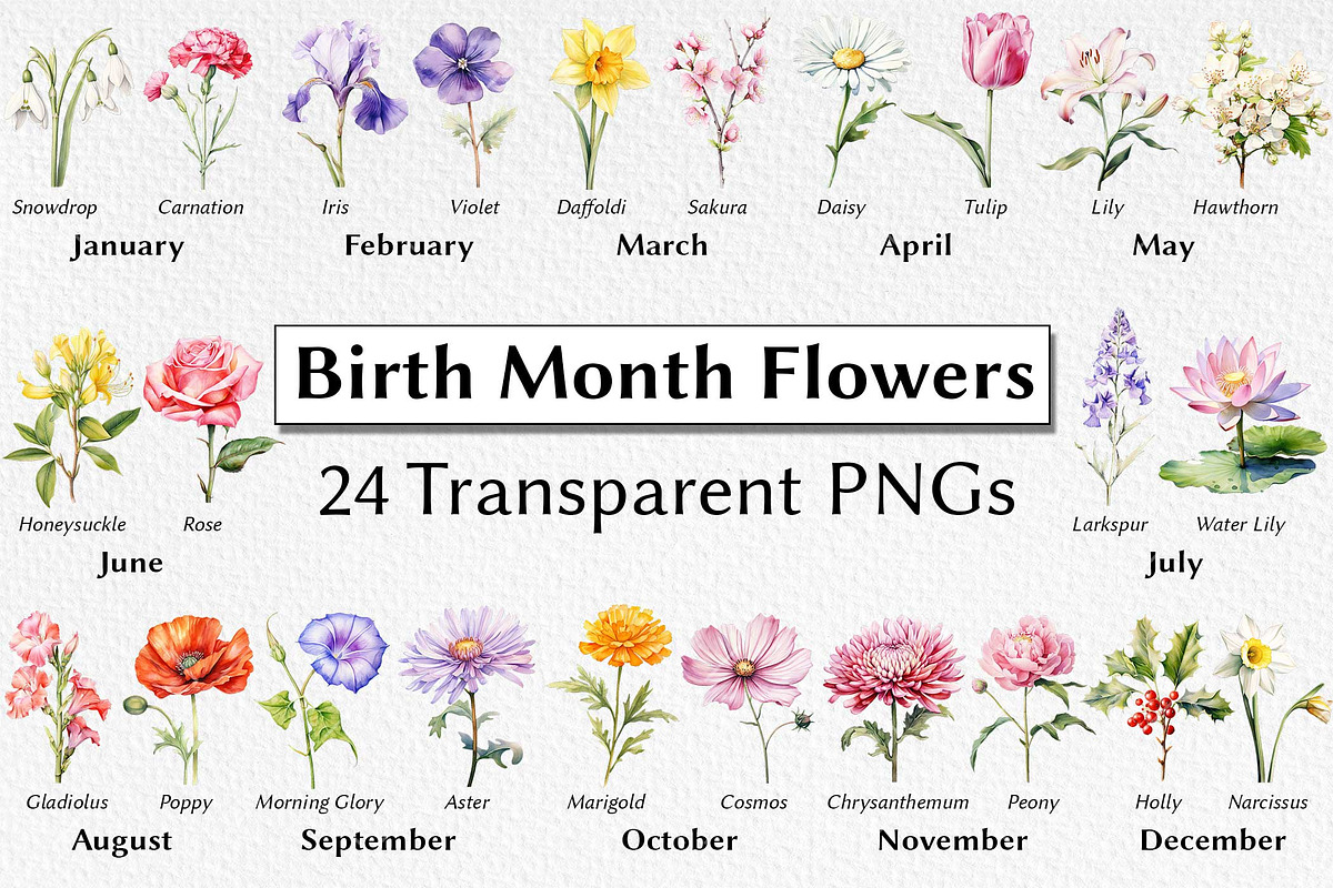 Birth Month Flowers Clipart, a Decorative Illustration by milkghost (Photo 1 of 2)