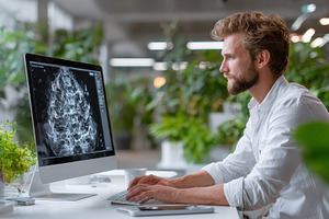 Man working on computer analyzing da, a Photo by Pixeness Studio