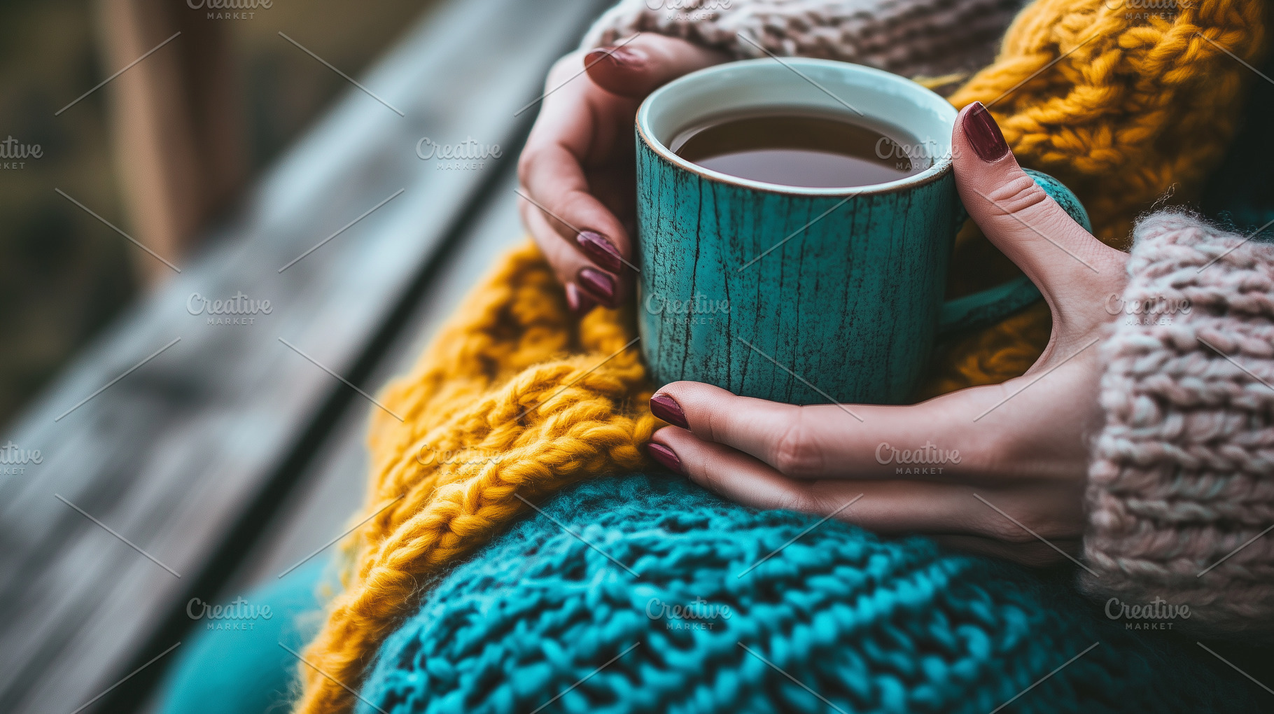 Cozy close up of a woman holding tea, a Food & Drink Photo by MistyDay