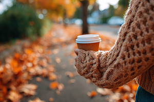 Warm sweater worn while sipping coffee on a leaf-covered sidewalk during autumn, a Food & Drink Photo by AlyaAnd