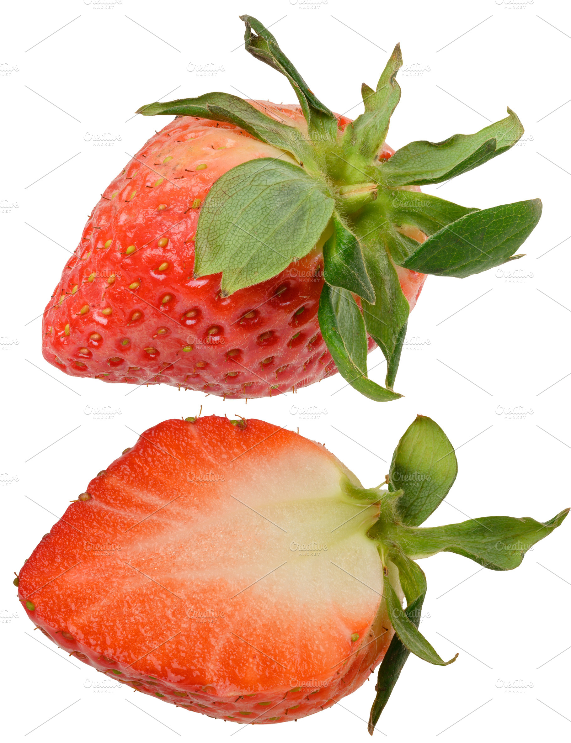 A whole large strawberry and its longitudinal section showing ju, a Food & Drink Photo by ndanko