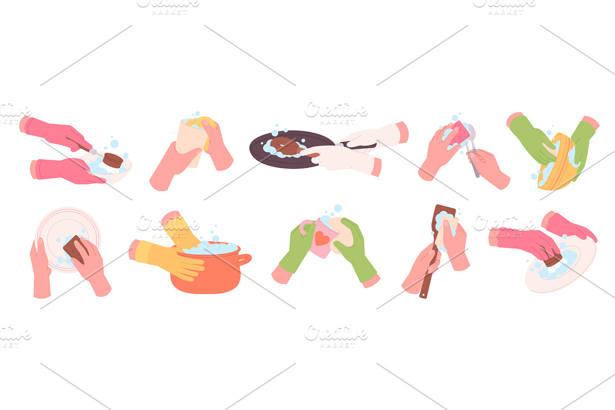 Hands washing dishes. Clean glasses, an Illustration by LadadikArt